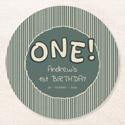 Dark Green Stripes 1st Birthday Ronde Kartonnen Onderzetter (Voorkant)