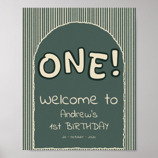 Dark Green Stripes 1st Birthday Welcome Sign Poster (Voorkant)