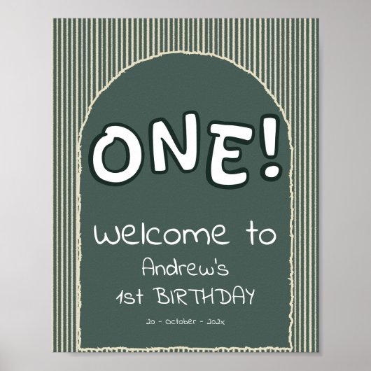 Dark Green Stripes 1st Birthday Welcome Sign Poster (Voorkant)