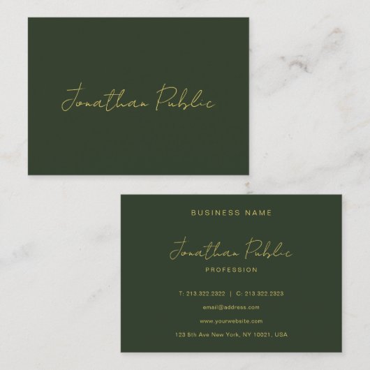 Dark Green Stylish Hand Script Gold Text Template Visitekaartje (Voorkant / Achterkant)