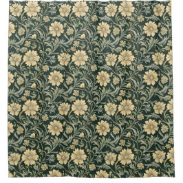 Dark green stylized yellow flowers  pattern  douchegordijn