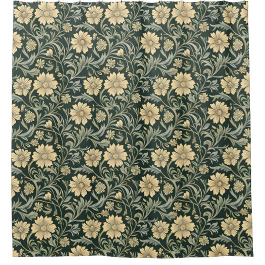 Dark green stylized yellow flowers  pattern  douchegordijn (Voorkant)