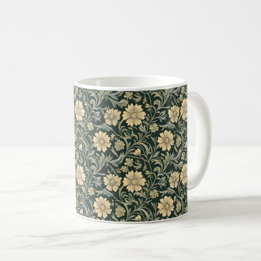 Dark green stylized yellow flowers  pattern  koffiemok (Voorkant rechts)