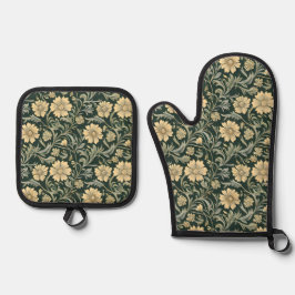 Dark green stylized yellow flowers  pattern  ovenwant & pannenlap set
