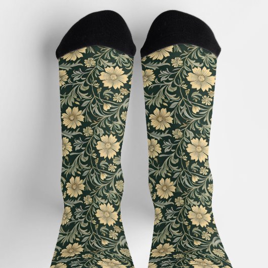 Dark green stylized yellow flowers  pattern  sokken (Top)