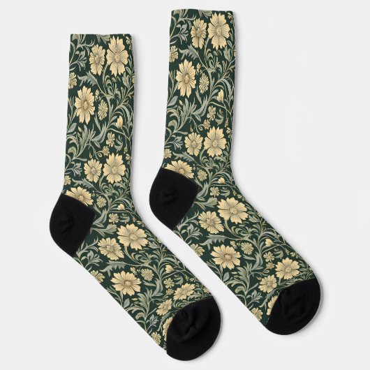 Dark green stylized yellow flowers  pattern  sokken (Rechts)