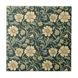 Dark green stylized yellow flowers  pattern  tegeltje