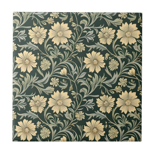 Dark green stylized yellow flowers  pattern  tegeltje (Voorkant)