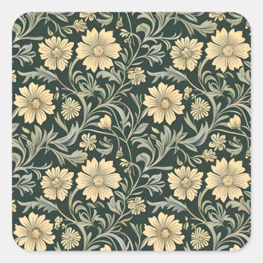 Dark green stylized yellow flowers  pattern  vierkante sticker (Voorkant)