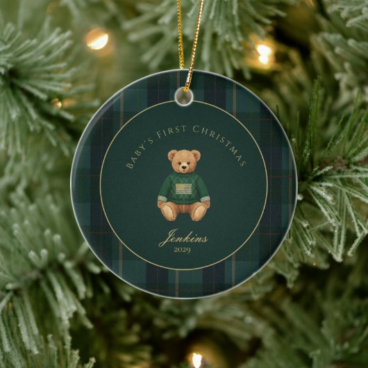 Dark Green Tartan Plaid Babys First Christmas Keramisch Ornament (Boom)