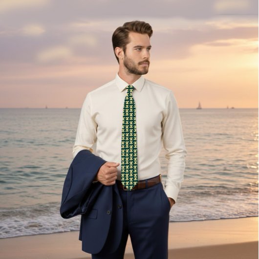 Dark Green Tie with Gold Bird Pattern Stropdas