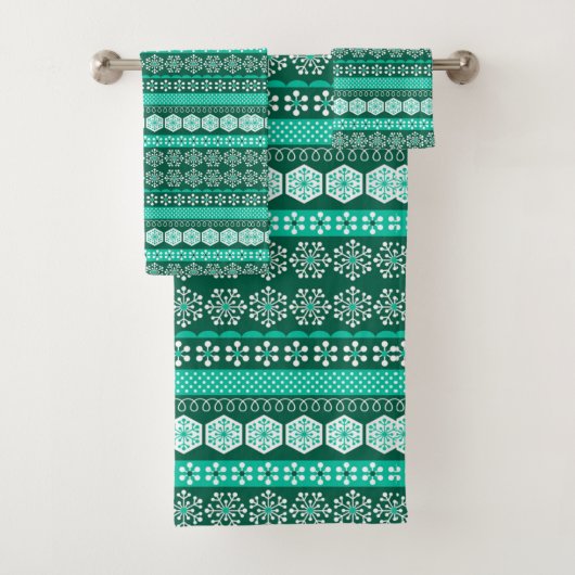 Dark Green Turquoise Patterned Stripe Bad Handdoek (Insitu)