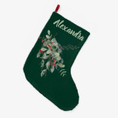 Dark green with Watercolor Leaves & Berries Named  Grote Kerstsok (Voorkant (Hangend))