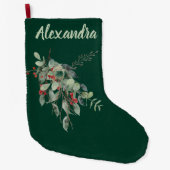 Dark green with Watercolor Leaves & Berries Named  Grote Kerstsok (Voorkant)