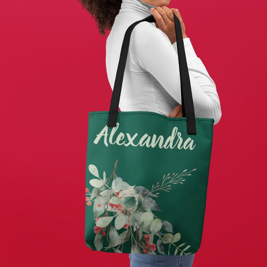 Dark green with Watercolor Leaves & Berries Named  Tote Bag