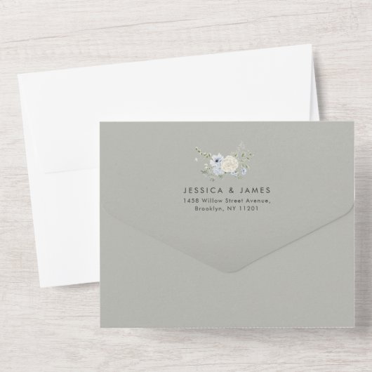 Dark Grey Flowers Tear-Off RSVP | Modern Wedding All In One Uitnodiging (Achterkant)
