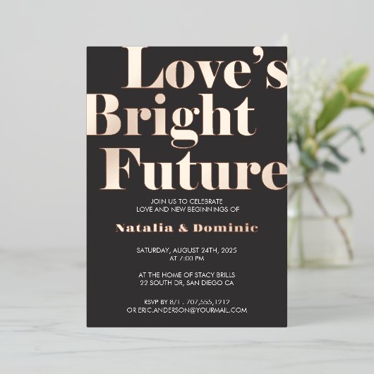 Dark Grey Foil “Love’s Bright Future” Engagement I Folie Uitnodiging (Staand Voorkant)