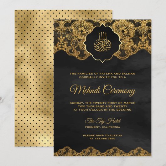 Dark Grey Gold Foil Lace Islamic Mehndi Kaart (Voorkant / Achterkant)