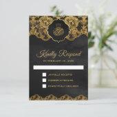 Dark Grey Gold Foil Lace Islamic Weddenschap RSVP Kaartje (Staand voorkant)