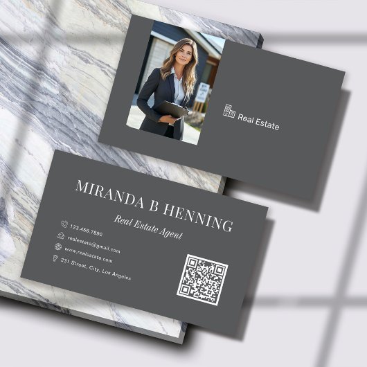 Dark Grey Real Estate Agent Photo QR Code Visitekaartje