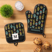 Dark Grunge Cactus Pattern Ovenwant & Pannenlap Set (Top down)