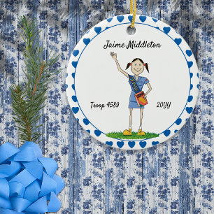 Dark Hair Cadette Girl Scouting Blue Heart Shape Keramisch Ornament