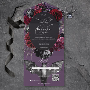 Dark Halloween Glam Bloemen Paarse Bruiloft QR Cod All In One Uitnodiging
