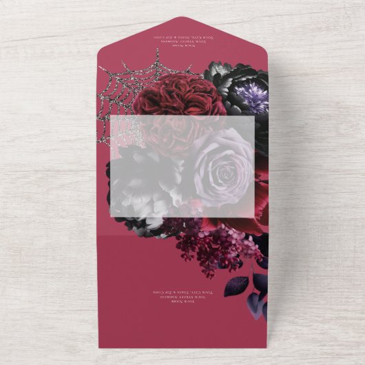 Dark Halloween Glam Bloemenrood Bruiloft QR Code All In One Uitnodiging (Buitenkant)