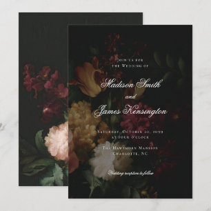 Dark Herfst Flowers Calligrafie Black Wedding Kaart