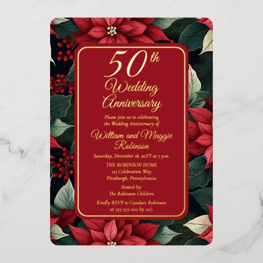 Dark Holiday Floral 50ste bruiloft Jubileum Party Folie Uitnodiging (Voorkant)
