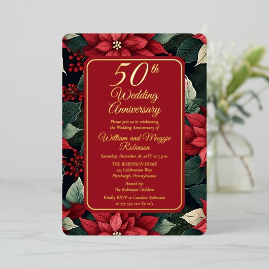 Dark Holiday Floral 50ste bruiloft Jubileum Party Folie Uitnodiging (Staand Voorkant)
