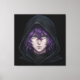Dark Hoodie Anime Boy with Purple Hair Canvas Afdruk