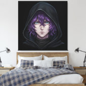 Dark Hoodie Anime Boy with Purple Hair Canvas Afdruk (Insitu (Slaapkamer))