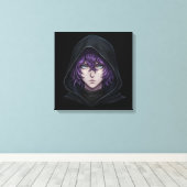 Dark Hoodie Anime Boy with Purple Hair Canvas Afdruk (Insitu (Houten vloer))