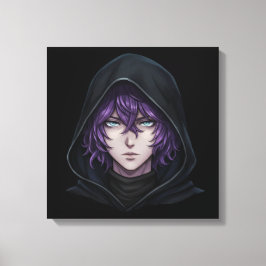 Dark Hoodie Anime Boy with Purple Hair Canvas Afdruk