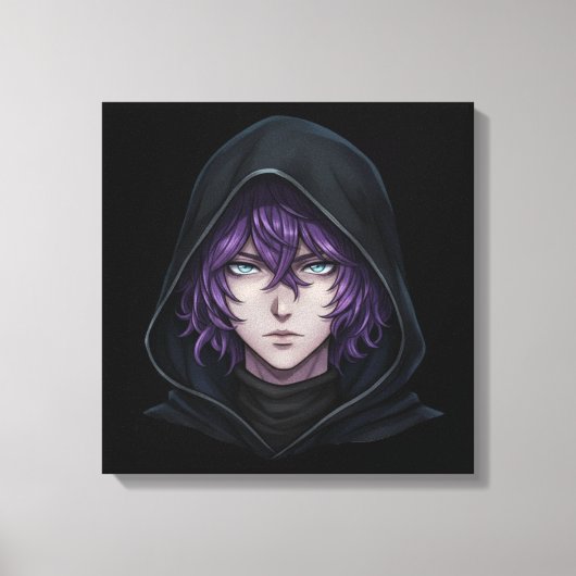 Dark Hoodie Anime Boy with Purple Hair Canvas Afdruk (Voorkant)