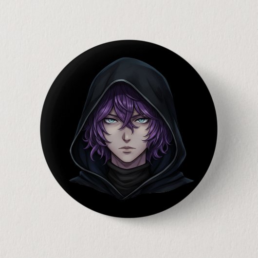 Dark Hoodie Anime Boy with Purple Hair Ronde Button 5,7 Cm (Voorkant)