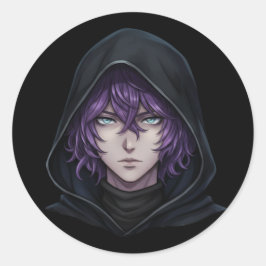 Dark Hoodie Anime Boy with Purple Hair Ronde Sticker