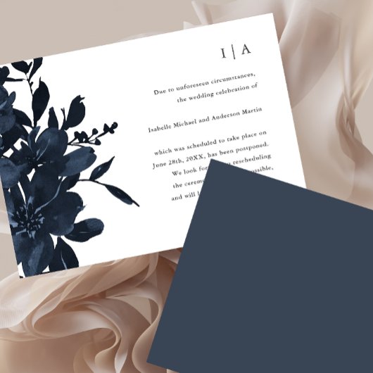Dark Indigo Floral Wedding Postponement Aankondiging