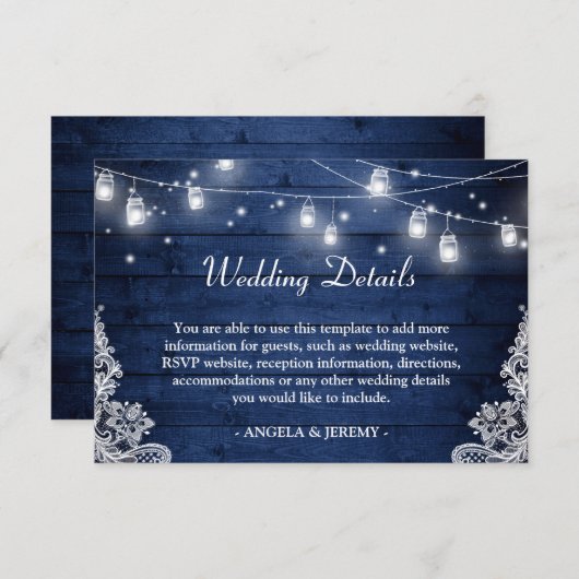 Dark Indigo Mason Jar Lights Lace Weddenschap Deta Informatiekaartje (Voorkant / Achterkant)