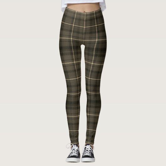 Dark Khaki Square Plaid Tartan Fabric Leggings (Voorkant)