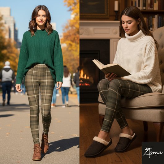 Dark Khaki Square Plaid Tartan Fabric Leggings