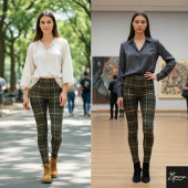 Dark Khaki Square Plaid Tartan Fabric Leggings