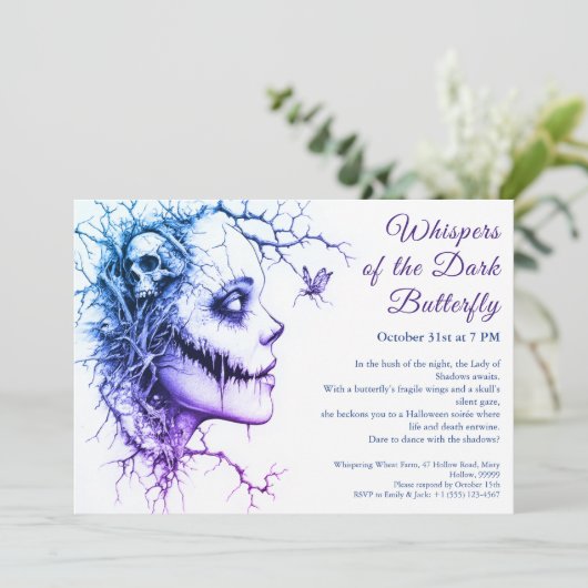 Dark Lady Halloween Uitnodiging - Vlinder & Schede (Staand voorkant)