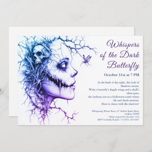 Dark Lady Halloween Uitnodiging - Vlinder & Schede (Voorkant / Achterkant)