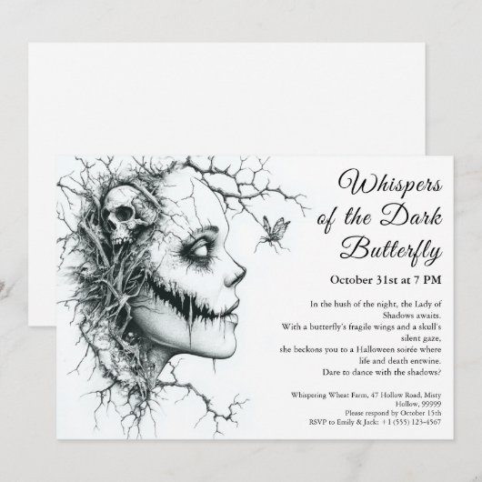 Dark Lady Halloween Uitnodiging - Vlinder & Schede (Voorkant / Achterkant)