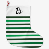 Dark Light Green Stripes Monogram Christmas Grote Kerstsok (Voorkant)
