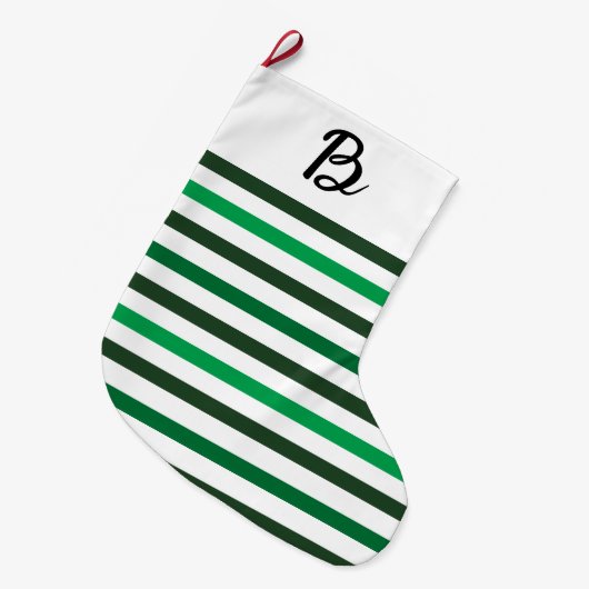 Dark Light Green Stripes Monogram Christmas Grote Kerstsok (Voorkant (Hangend))