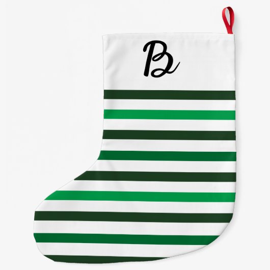 Dark Light Green Stripes Monogram Christmas Grote Kerstsok (Achterkant)