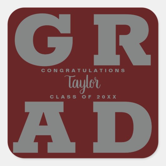 Dark Maroon Gray Bold Graduparty Vierkante Sticker (Voorkant)